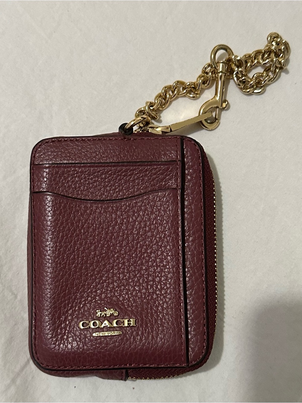 COACH Pebbled Leather Card Holder in Burgundy with Gold Chain